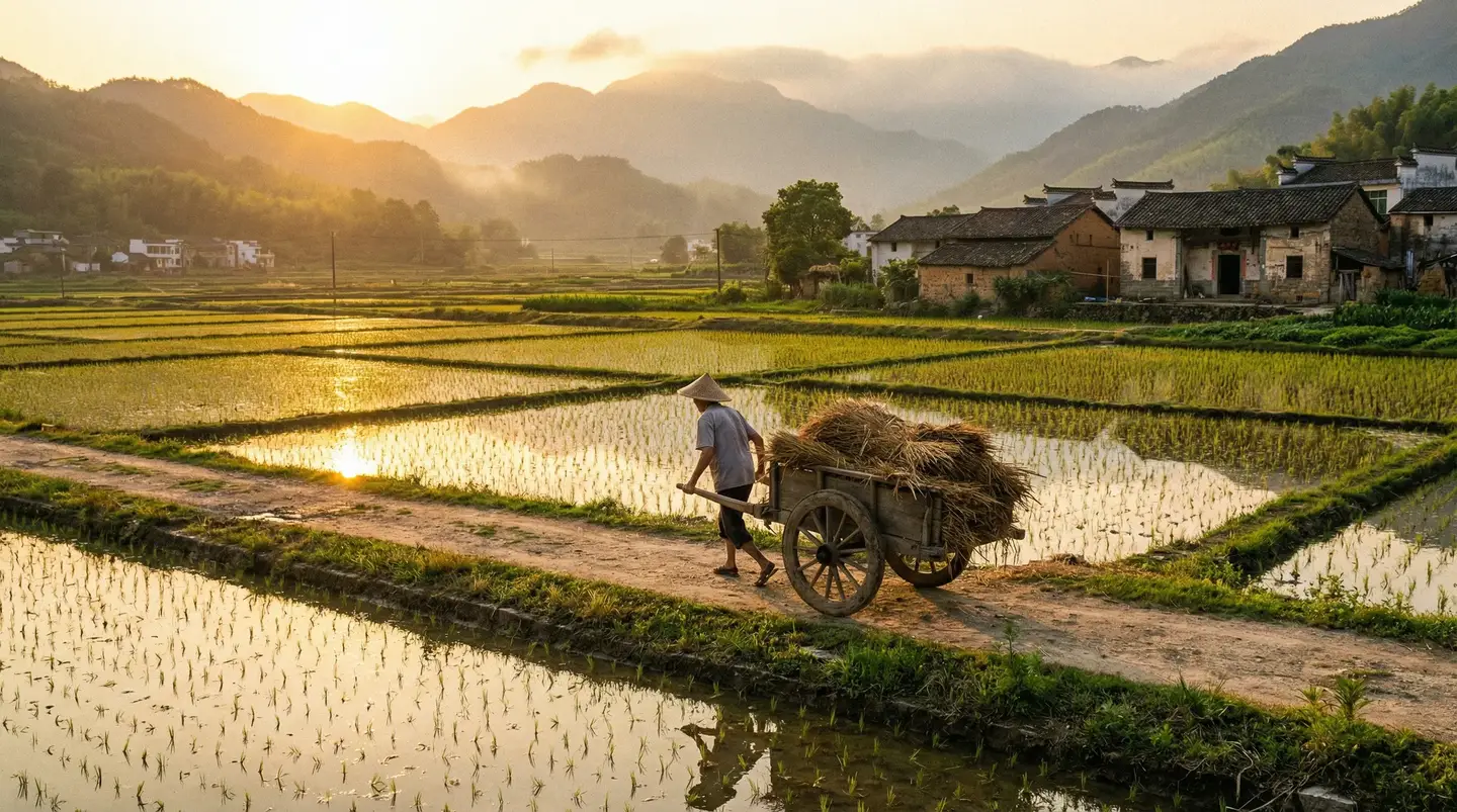鲁班七号qq红包怎么画 - 金色夕阳下的乡村田野，老农推着木车行走在田埂上